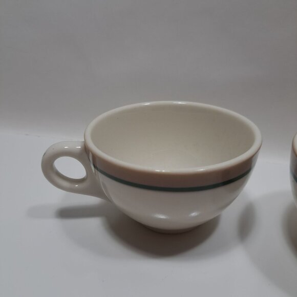 Syracuse China Tan & Green Striped Coffee Cups Set Of 2 - Picture 1 of 6